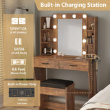 Vanity Desk with Lights,Makeup Vanity with Power Strip,Dressing Table Set with 2 Large Drawers,Vanity Mirror 3 Lighting Color Adjustable,Rustic Brown Vabches