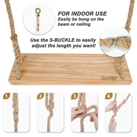 Premkid Hanging Wooden Swing, Swing Seat 24"x 8"x 1.2", Tree Swing for Adults Kids with 500lbs Load, Adjustable Hemp Rope Plus Tree Straps 100 inch, Premkid