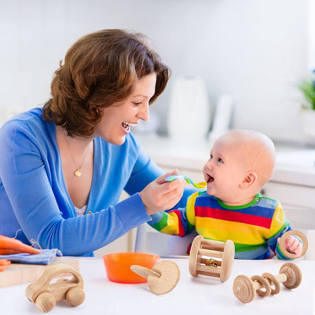 5 Pieces Wooden Baby Toys Wooden Toys for Babies 0-6-12 Months Wood Toys Rattles with Bells Montessori Wood Baby Push Car Wooden Newborn Toy for Zhanmai