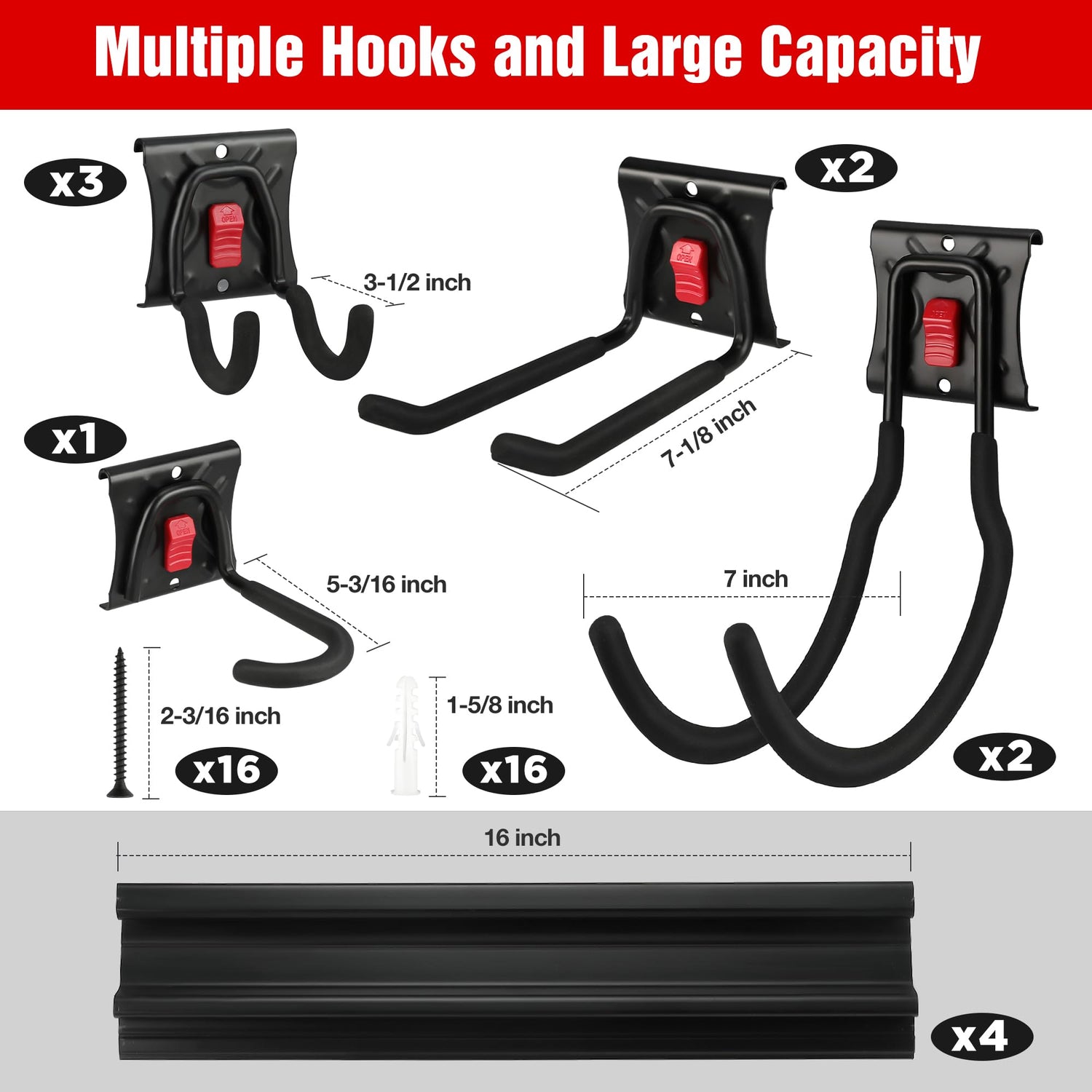 WORKPRO Garage Storage, Garden Tool Organizer Wall Mount 64 Inch with 8 Adjustable Hooks and Hangers, 4 Rails Steel Heavy Duty Tool Rack Holder WORKPRO