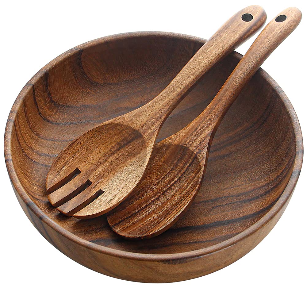 AOOSY Wooden Salad Bowls, Large Acacia Wood Salad Serving Bowl with Serving Tongs, 9.3" D x 2.8" H Round Bowls Set for Mixing Fruits Cereal Pasta AOOSY