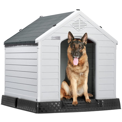 LEMBERI Durable Waterproof Plastic Dog House for Small to Large Sized Dogs, Indoor Outdoor Doghouse Puppy Shelter with Elevated Floor, Easy to