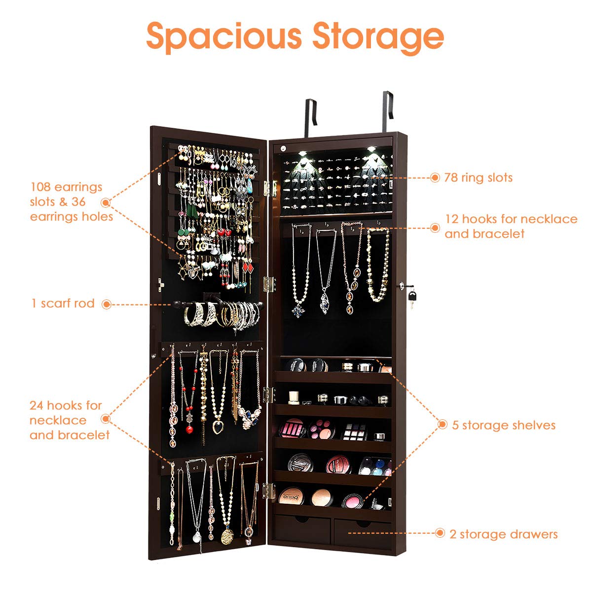 Giantex Jewelry Armoire Wall Door Mounted, Lockable Jewelry Cabinet with 42.5'' Full Length Mirror, 2 LEDs Jewelry Organizer Box with 2 Drawers, Giantex