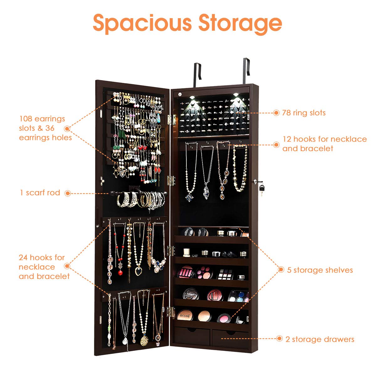 Giantex Jewelry Armoire Wall Door Mounted, Lockable Jewelry Cabinet with 42.5'' Full Length Mirror, 2 LEDs Jewelry Organizer Box with 2 Drawers,