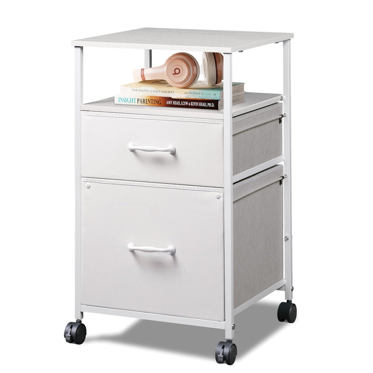 DEVAISE 2 Drawer Mobile File Cabinet, Rolling Printer Stand with Open Storage Shelf, Fabric Vertical Filing Cabinet fits A4 or Letter Size for Home DEVAISE