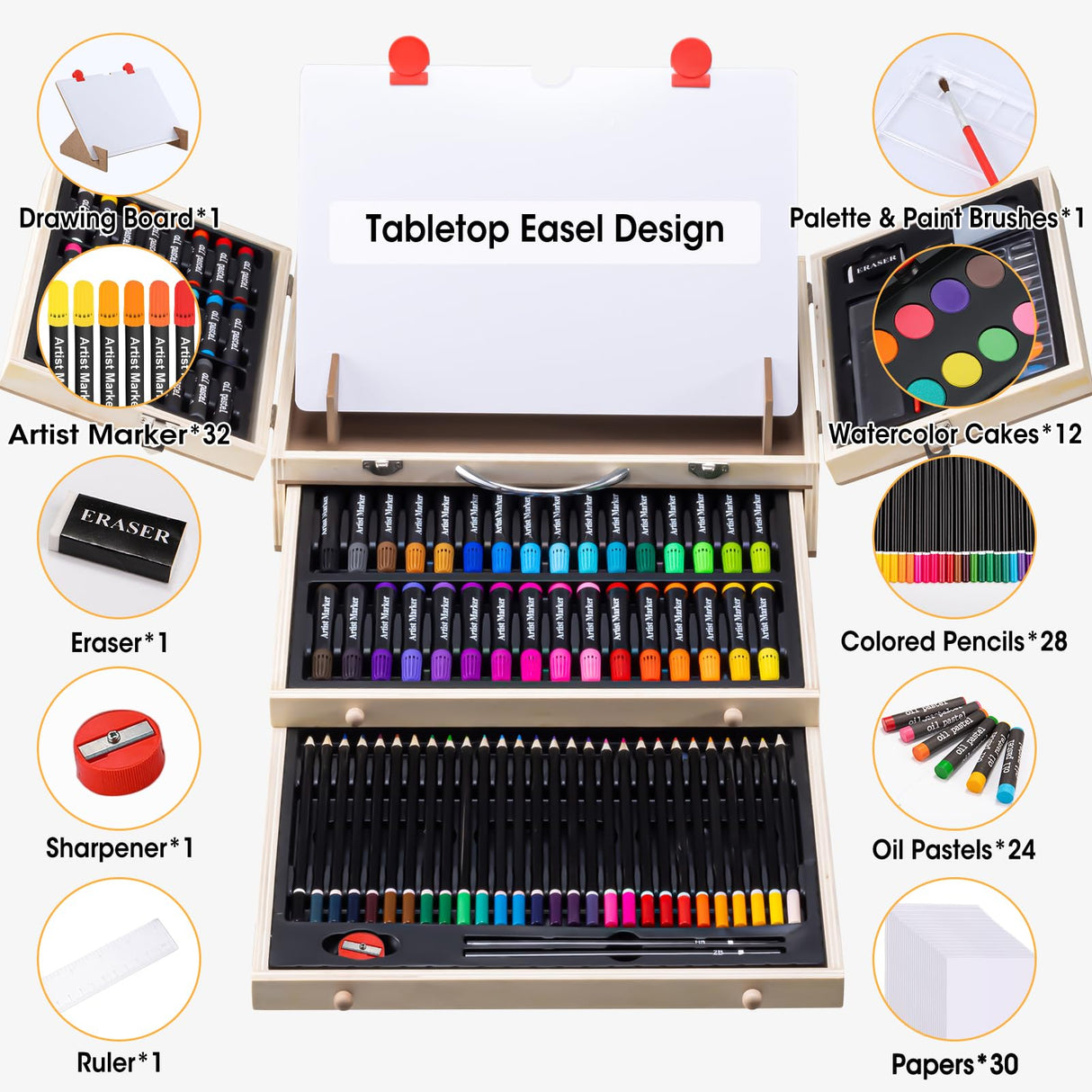 Art Supplies, Wooden Art Set Crafts Kit with Drawing Easel, Deluxe Kids Art Set, Oil Pastels, Colored Pencils, Watercolor Cakes, Creative Gift for VigorFun