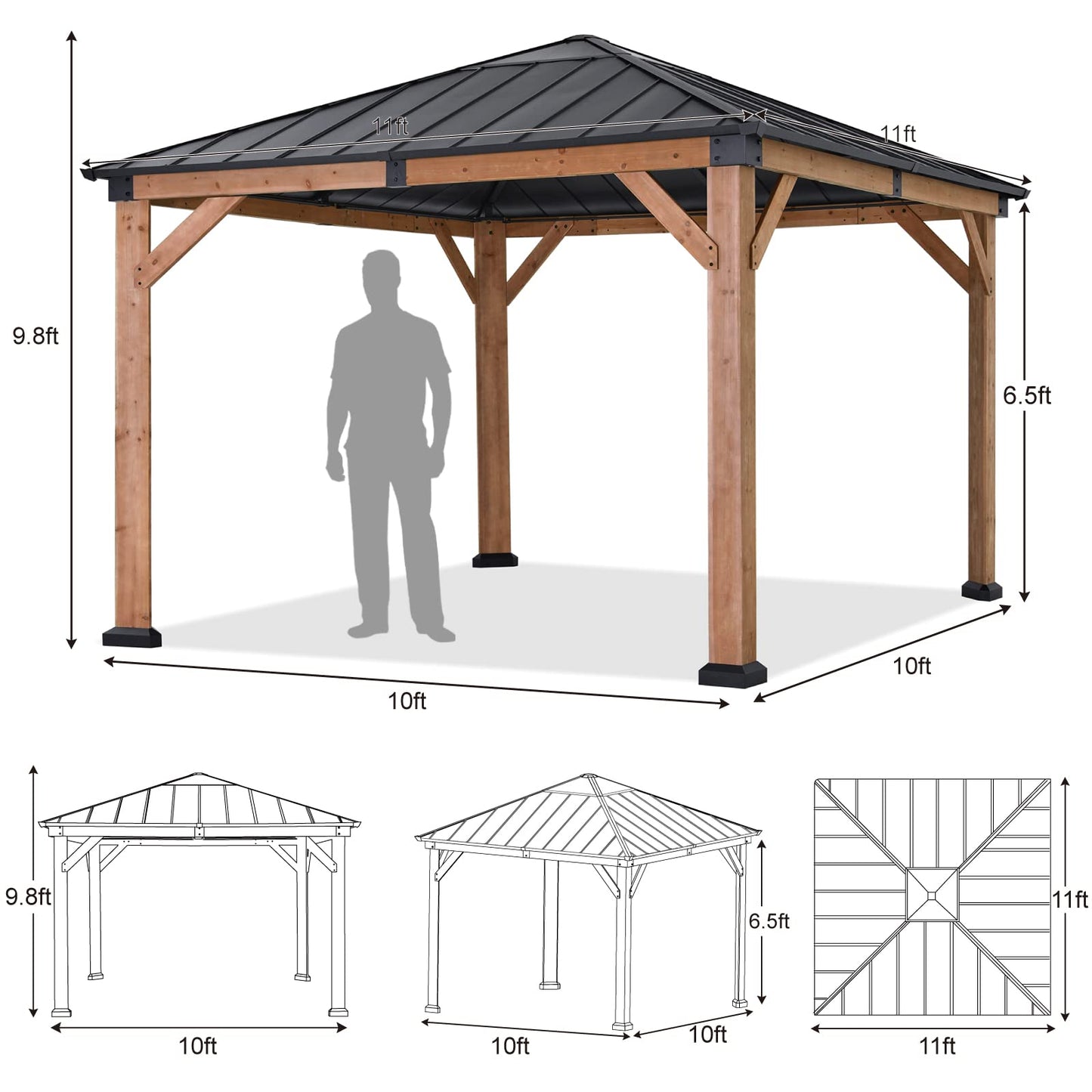 ABCCANOPY Wood Gazebo 11x11 - Outdoor Patio Wooden Gazebo with Hardtop Metal Roof for Garden, Backyard and Deck - WoodArtSupply