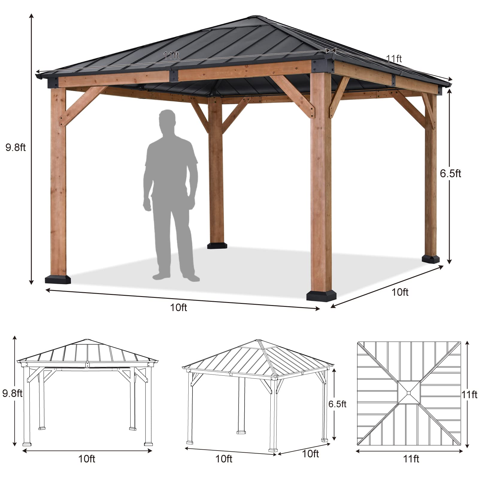 ABCCANOPY Wood Gazebo 11x11 - Outdoor Patio Wooden Gazebo with Hardtop Metal Roof for Garden, Backyard and Deck - WoodArtSupply