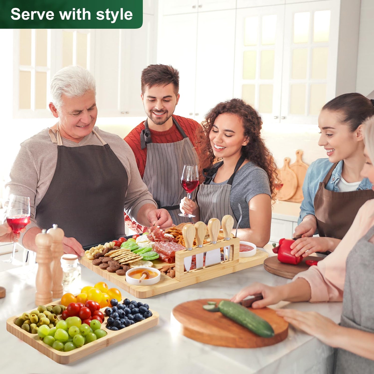 ROCIRLAB Bamboo Charcuterie Boards (23"×11"×0.8") and Knife Set, Lightweight Cheese Board and Platter, Unique Gift for Housewarming, Anniversary & ROCIRLAB