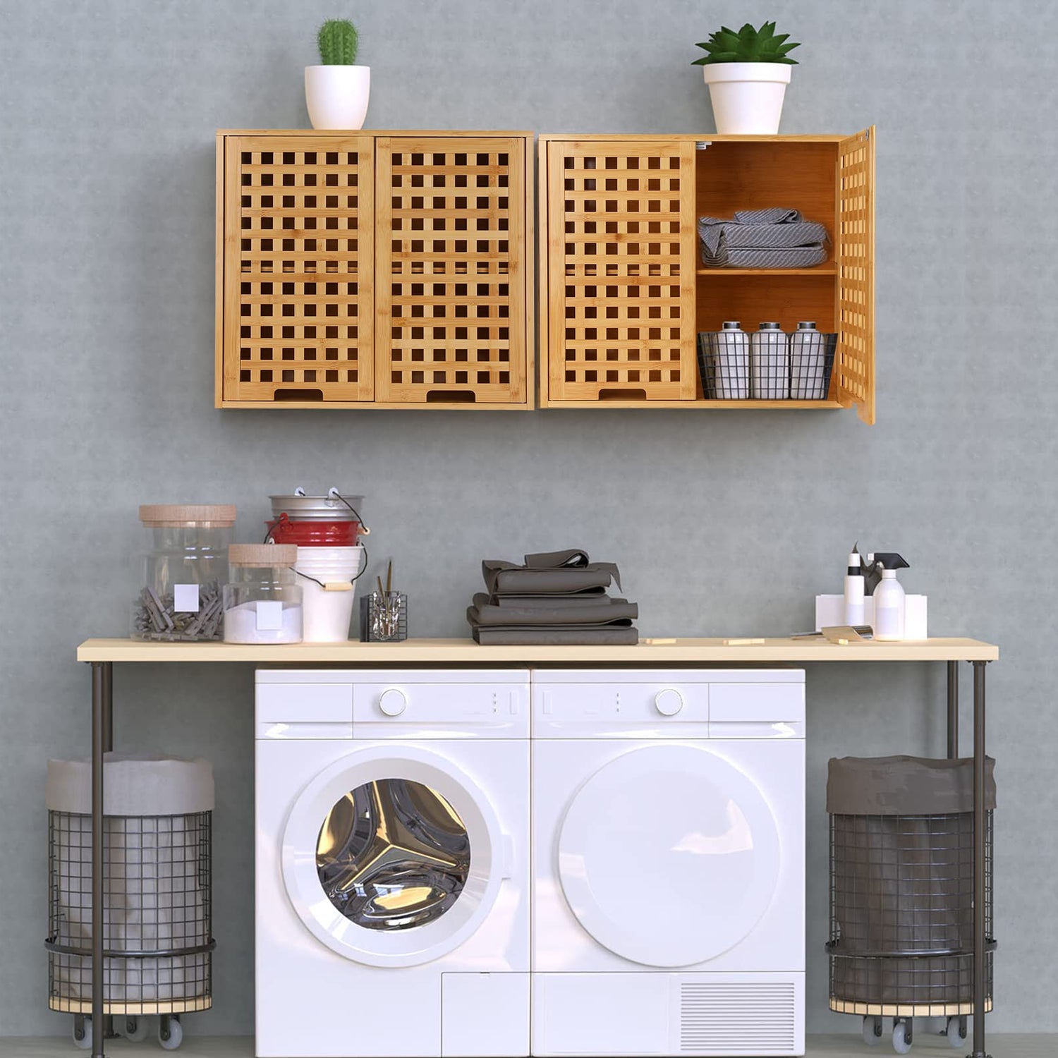 ZYBT Natural Bamboo Bathroom Wall Cabinet with Doors and Shelves, Over The Toilet Storage Solution ZYBT