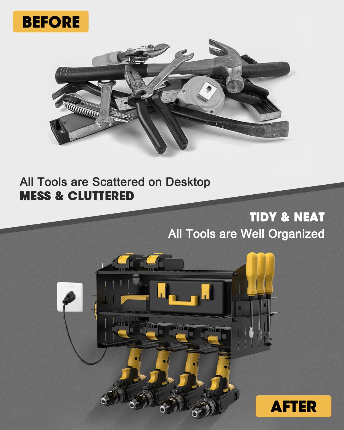 WellMall Power Tool Charging Station - 3 Layer Wall Mount Power Tool Organizer with Charging Station for Power Drill, 6AC Outlets, Great as Heavy WellMall