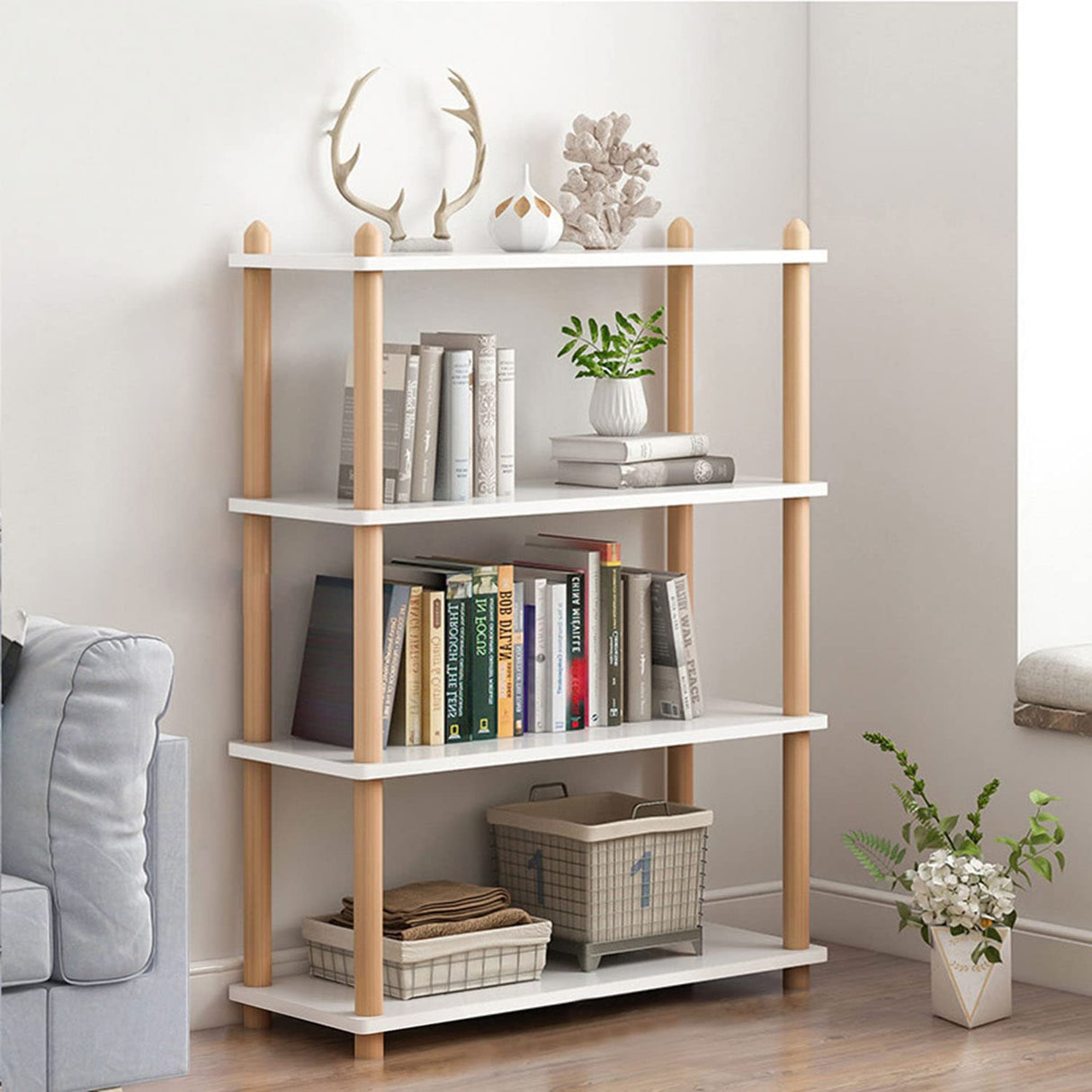 IOTXY Modern White 4-Tier Wooden Bookshelf – Stylish Open Storage Rack for Home and Office IOTXY