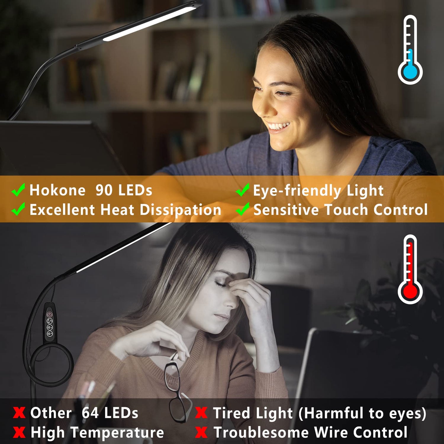 Desk Lamps for Home Office, 10W Clamp Lamp Dimmable Gooseneck Lamp Touch Control, Adjustable Desk Light for Workbench Tabletop (Black) Hokone