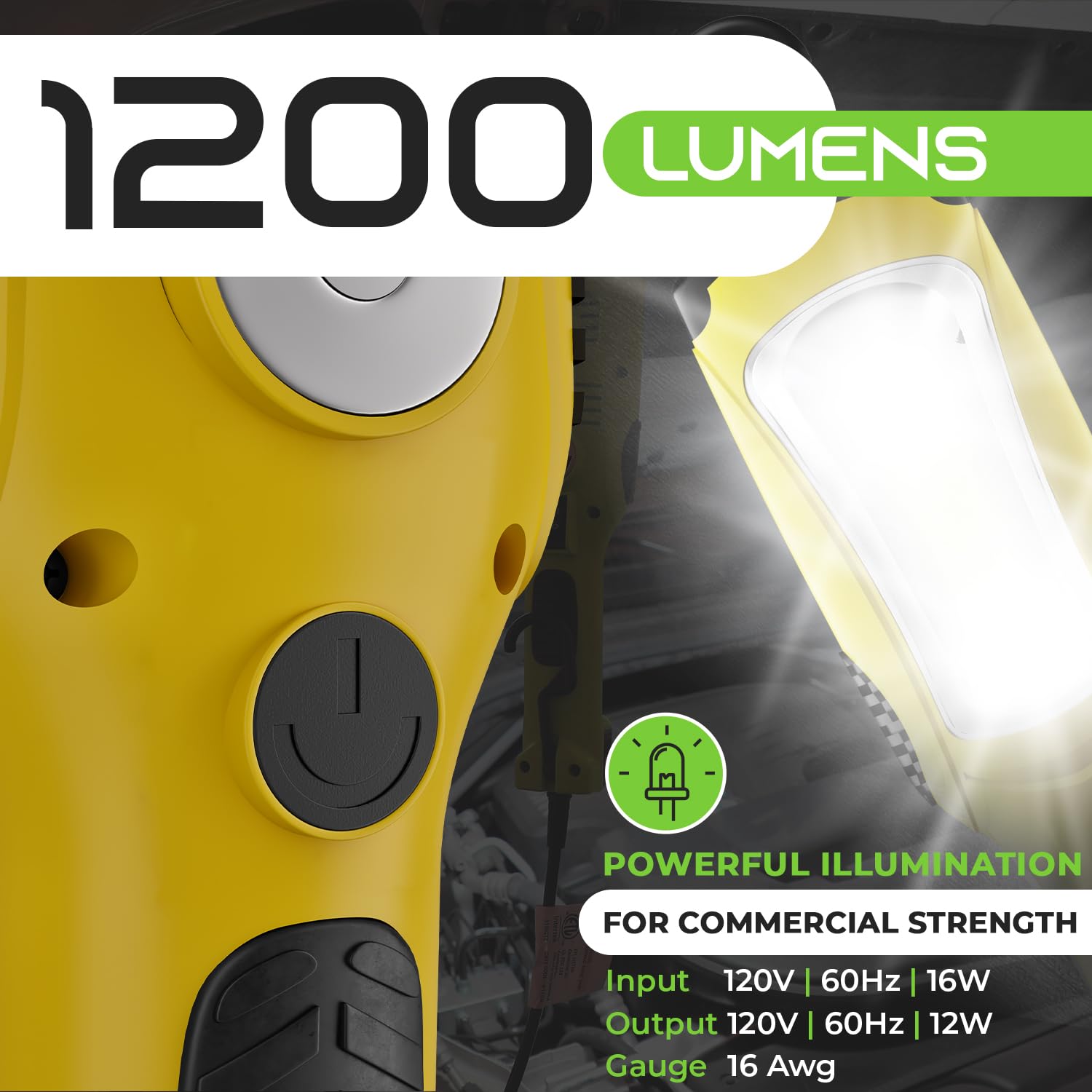 GearIT LED Work Light (15 feet) 1200 Lumen COB LED - 16 Gauge SJTW Indoor/Outdoor NEMA 5-15R Extension Cord - Handheld, Rotating Hanger, Magnetic GearIT