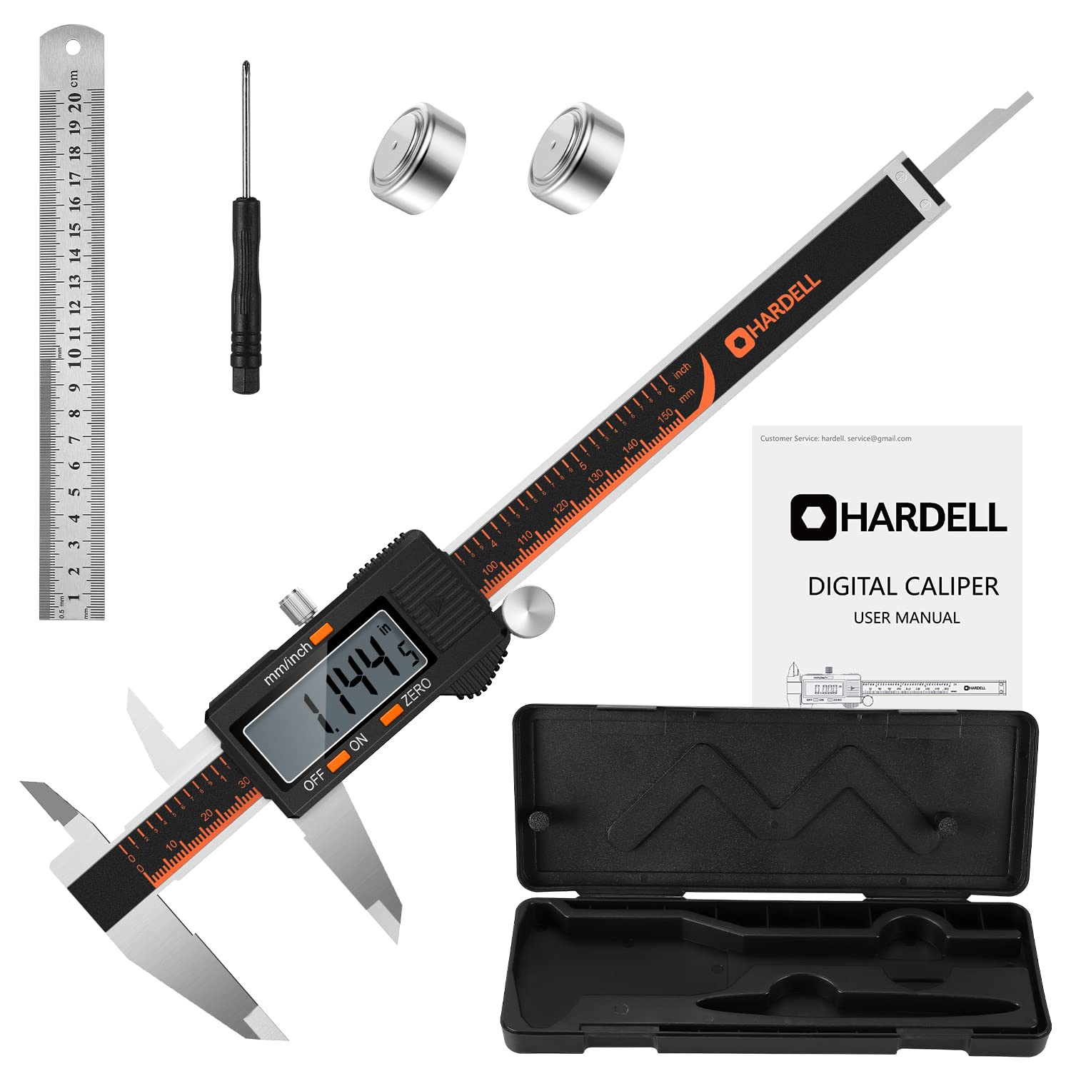 HARDELL Digital Caliper, 6 Inch Stainless Steel Caliper Measuring Tool with Large LCD Screen, Electronic Micrometer Caliper Digital Inch/Millimeter HARDELL