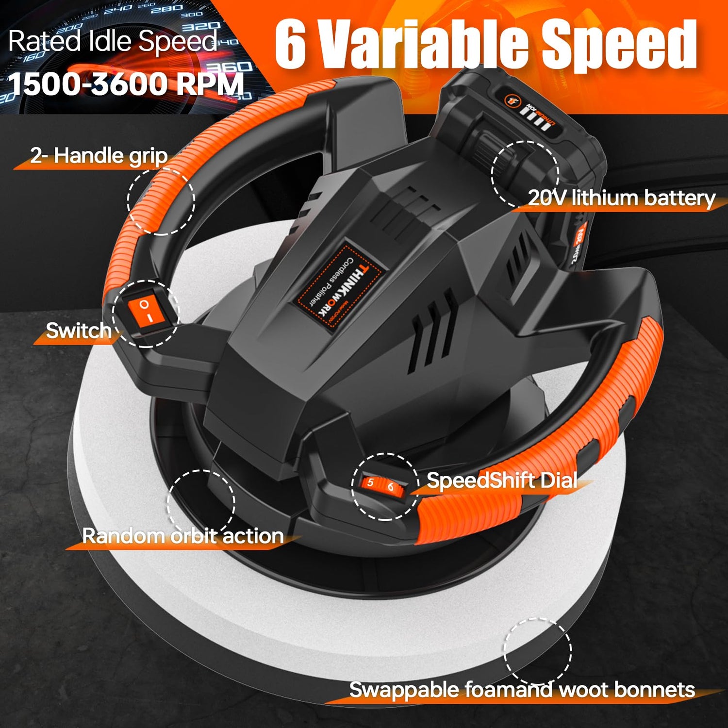 THINKWORK Buffer Polisher, 20V Cordless Buffer Polisher, 10 Inch Portable Polishing Machine Kit for Car, with 2Ah Rechargeable Battery, 6 Variable THINKWORK