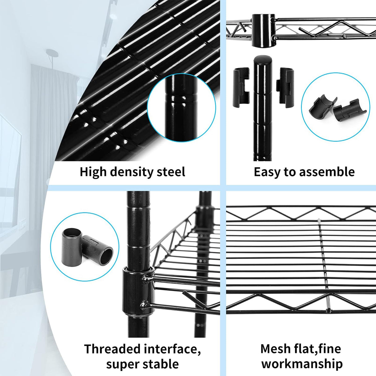 SUNLPH 6-Tier Wire Shelving Adjustable Shelves Unit Metal Storage Rack for Laundry Bathroom Kitchen Pantry Closet Organization (Black, 16.6" L x SUNLPH