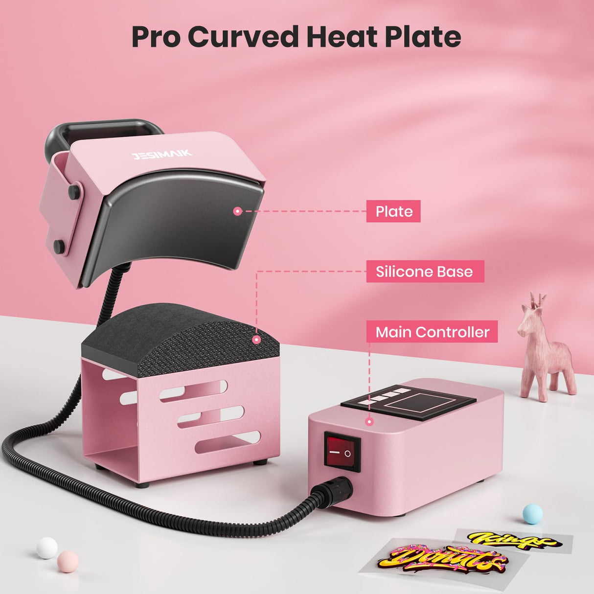 JESIMAIK Hat Press, Heat Press Machine for Caps with 3.15"×5.5" Curved Heating Element & Silicone Platen - No Crease, LCD Digital Temperature & Timer JESIMAIK
