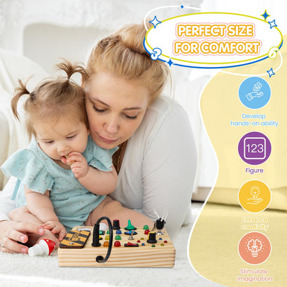 RELODICA Montessori Toddler Busy Board, 27 LED Lights Montessori Toys for 1-6 Year Old, Wooden Sensory Toy for Boys & Girls Gifts