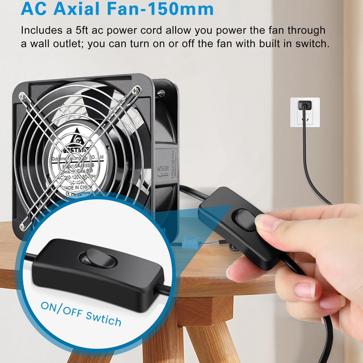 GDSTIME AXIAL Fan 15050, 110V 120V AC 150mm x 150mm x 50mm Fan, Ventilation Exhaust Projects Cooling Fan - WoodArtSupply