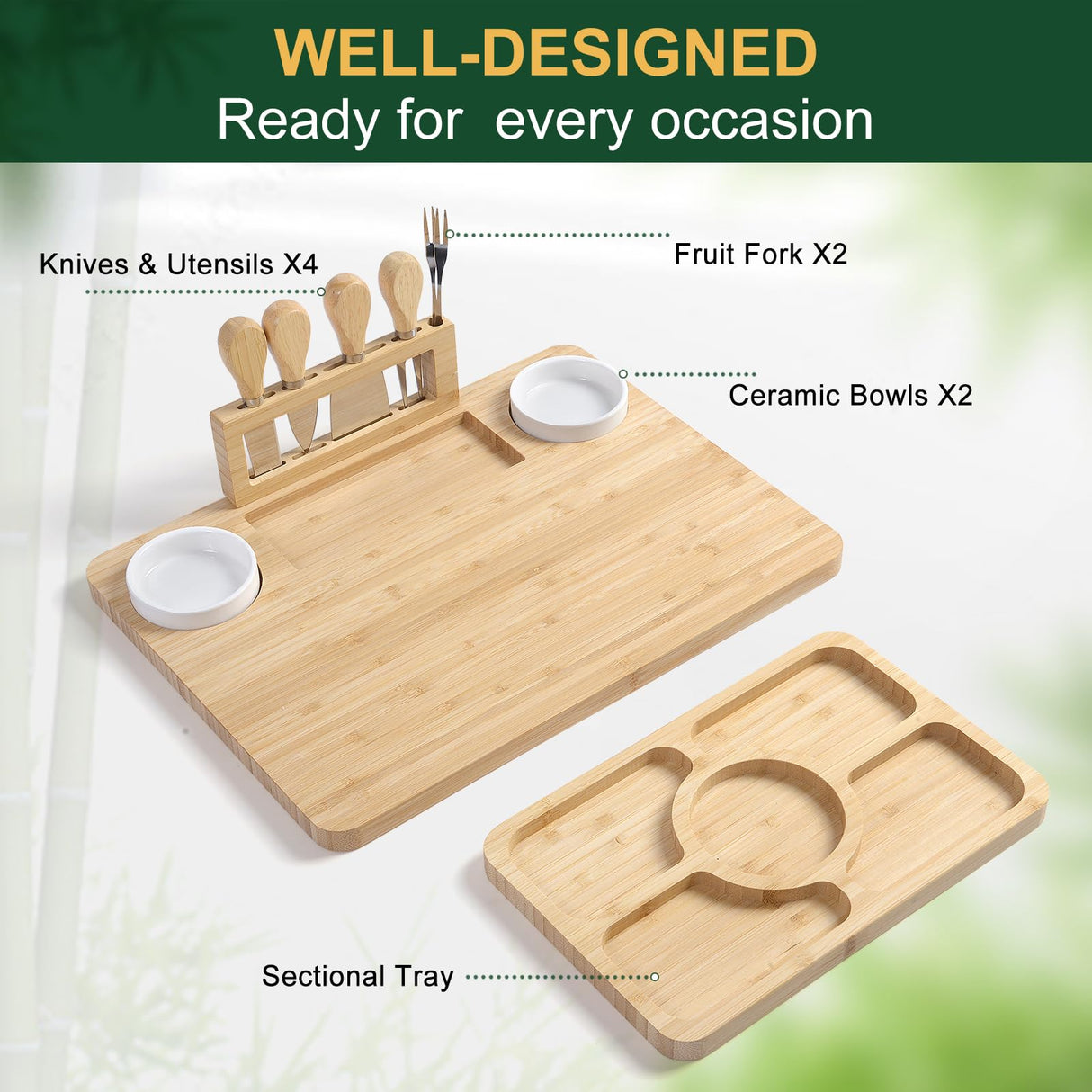 ROCIRLAB Bamboo Charcuterie Boards (23"×11"×0.8") and Knife Set, Lightweight Cheese Board and Platter, Unique Gift for Housewarming, Anniversary & ROCIRLAB