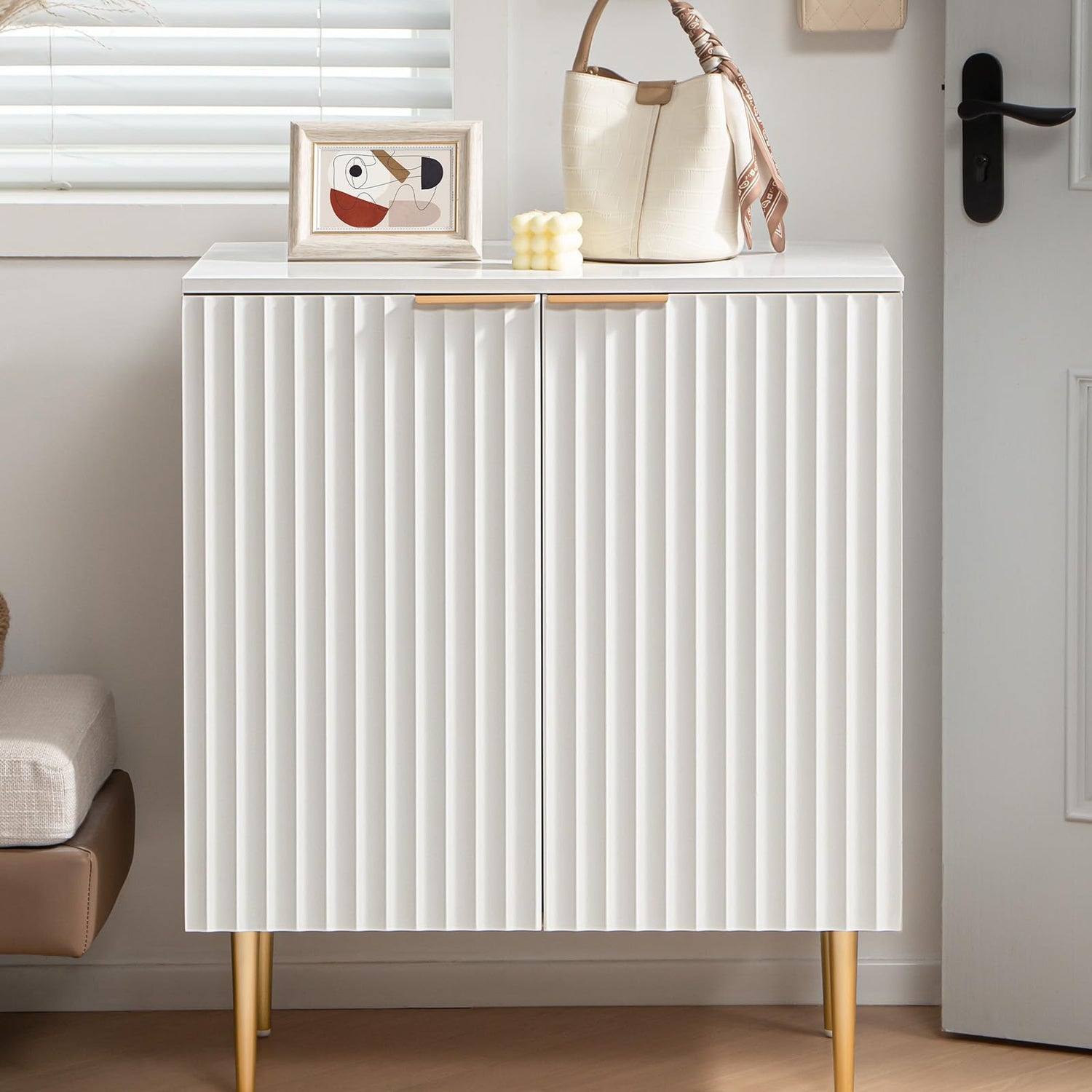 SICOTAS Fluted White Storage Cabinet, Wood Sideboard Buffet Cabinet with Spray-Painted Finish, Multifunctional Console Table with Storage Credenza SICOTAS