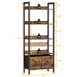 Furologee Adjustable 5-Tier Bookshelf with 2 Fabric Drawers - Industrial Wooden and Metal Storage Unit Furologee