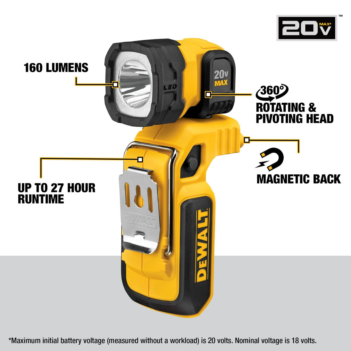DEWALT 20V MAX LED Work Light, Magnetic, Freestanding and Clip-On, Bare Tool Only (DCL044) DEWALT