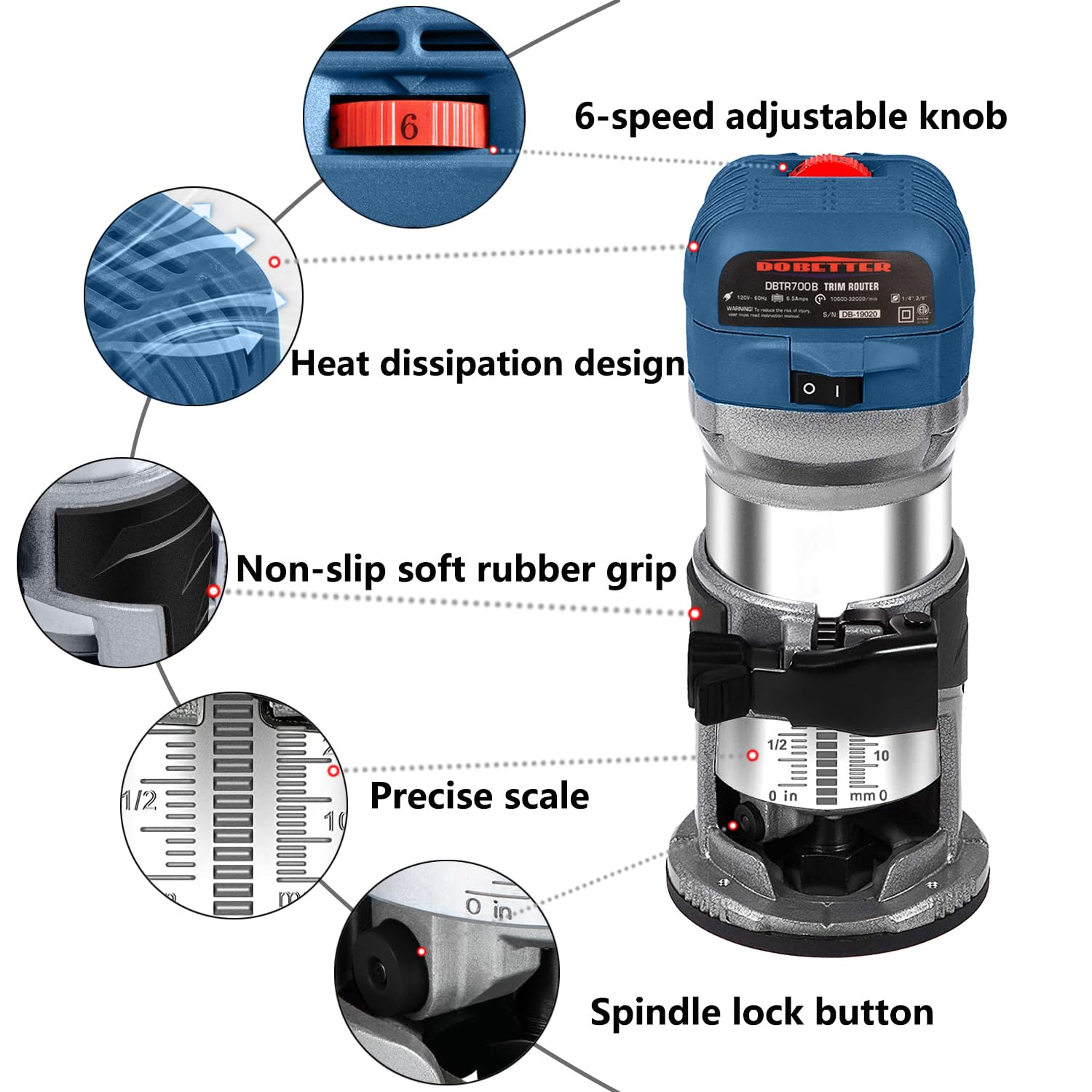 Dobetter 1.25HP Wood Router Tool, 6.5Amp Electric Trim Router, 6 Variable Speed Compact Palm Router Woodworking with 1/4" & 3/8" Collets, 12 Wood - WoodArtSupply