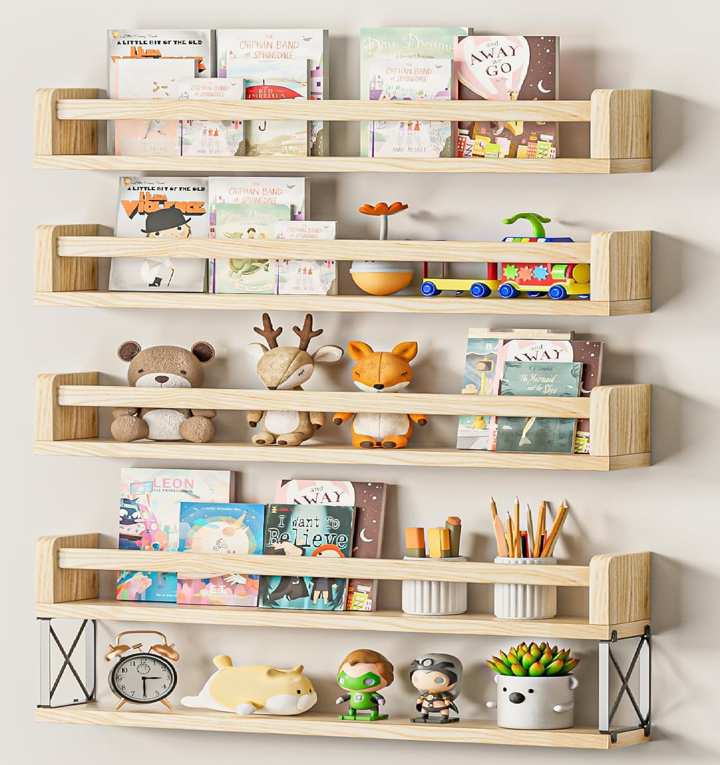 QimCoor 24-Inch Natural Wood Floating Bookshelf Set of 4 for Kids - WoodArtSupply