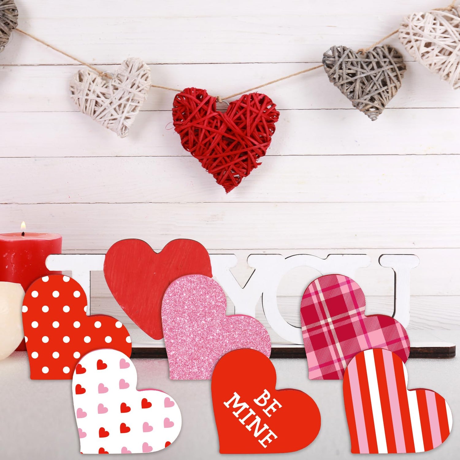 Whaline 12Pcs Valentine's Day Heart Shaped Table Wooden Sign Unfinished Blank Heart Density Board Slice Double-Sided Tabletop Heart Decor for Wedding Whaline