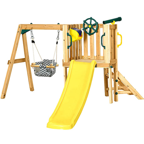 Motionchic 3 in 1 Wooden Swing Set Outdoor Playset Swing Set Kids Playground Playset with Baby Swing Seat, Toddler Slide, Captain's Wheel, Telescope, Motionchic