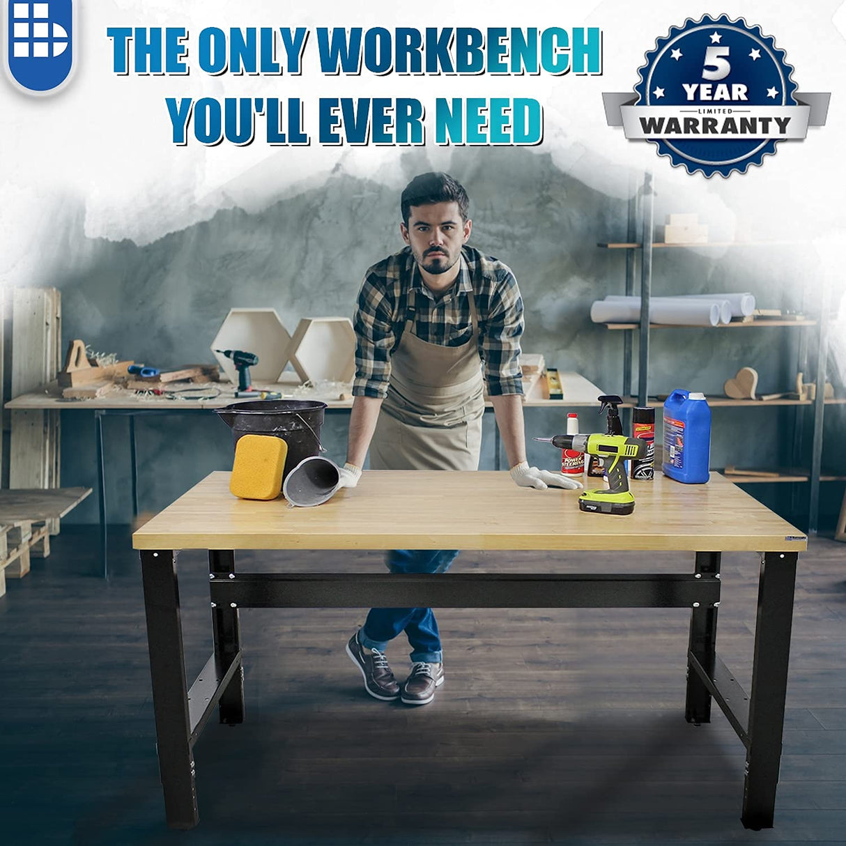 Borroughs Adjustable Height Heavy Duty Workbench, Solid Hardwood Top, Commercial Grade, 16-Gauge Steel Legs, 30 in. x 60 in. Borroughs