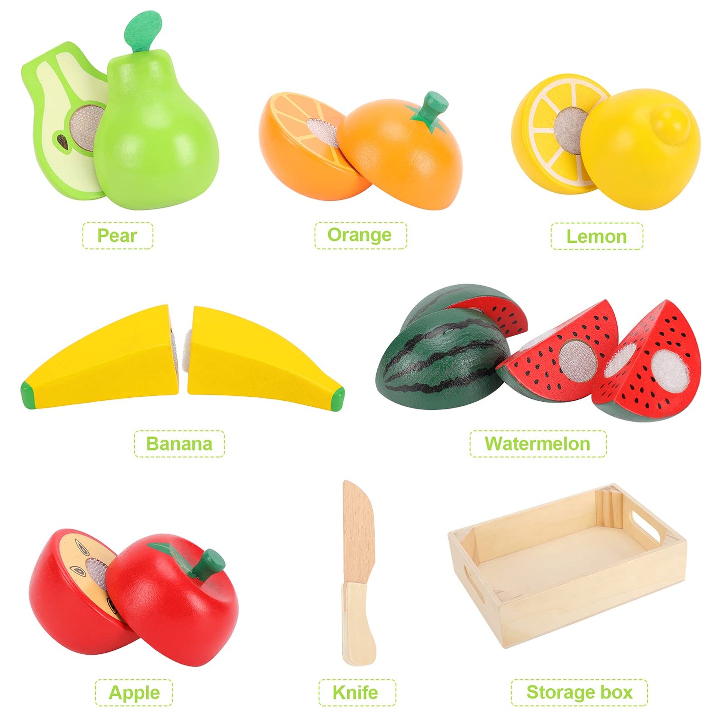 WHOHOLL Wooden Play Food with Wooden Tray & Knife, Pretend Play Cutting Food Toys, Fruits Toy Food Sets for Kids Kitchen, Mini Food Toy, Montessori - WoodArtSupply