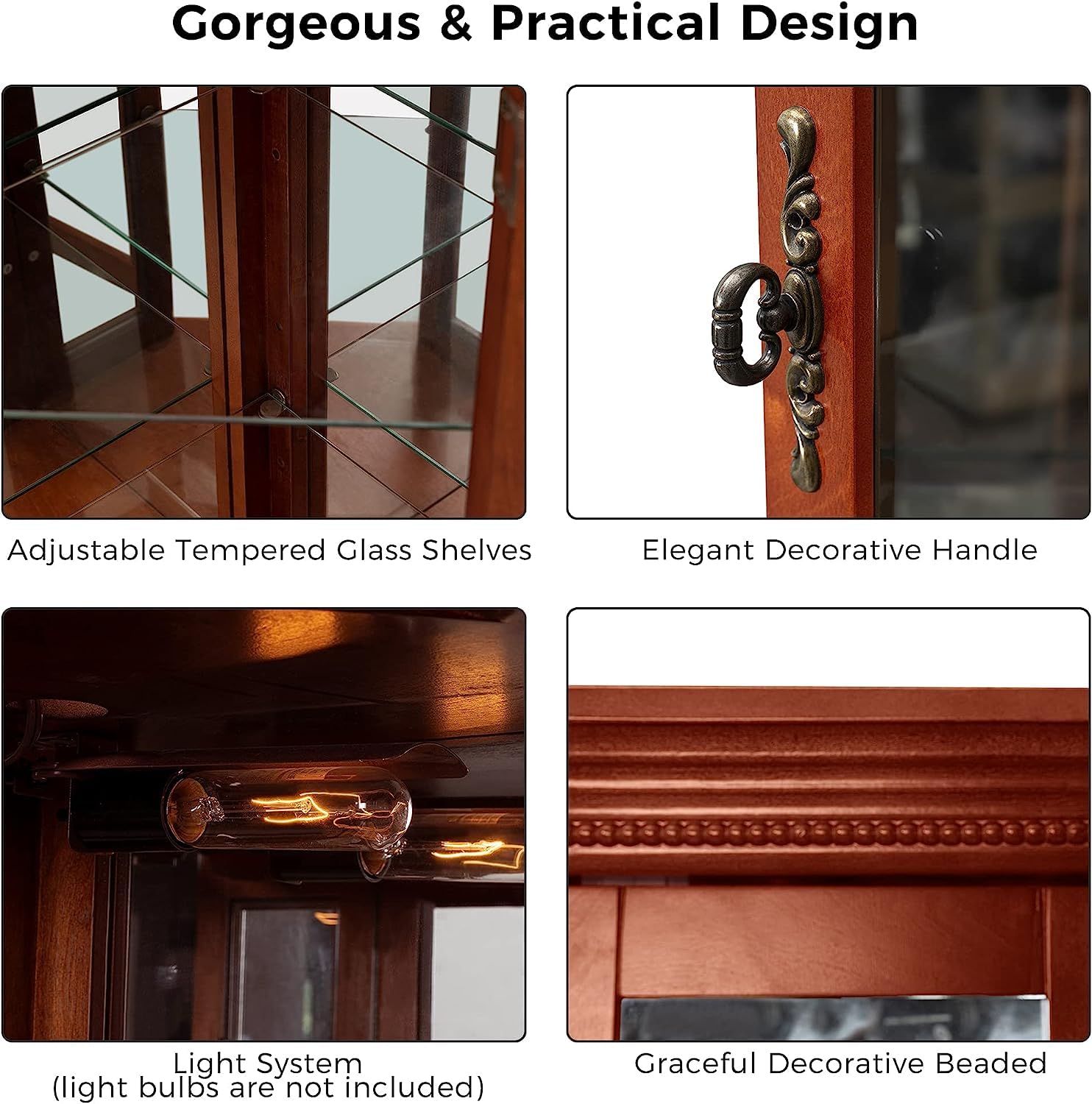 Hayiodda Corner Curio Glass Display Cabinet - Lighted Corner Curio China Cabinet with Mirrored Back, China Display Cabinet with Glass Doors and Hayiodda