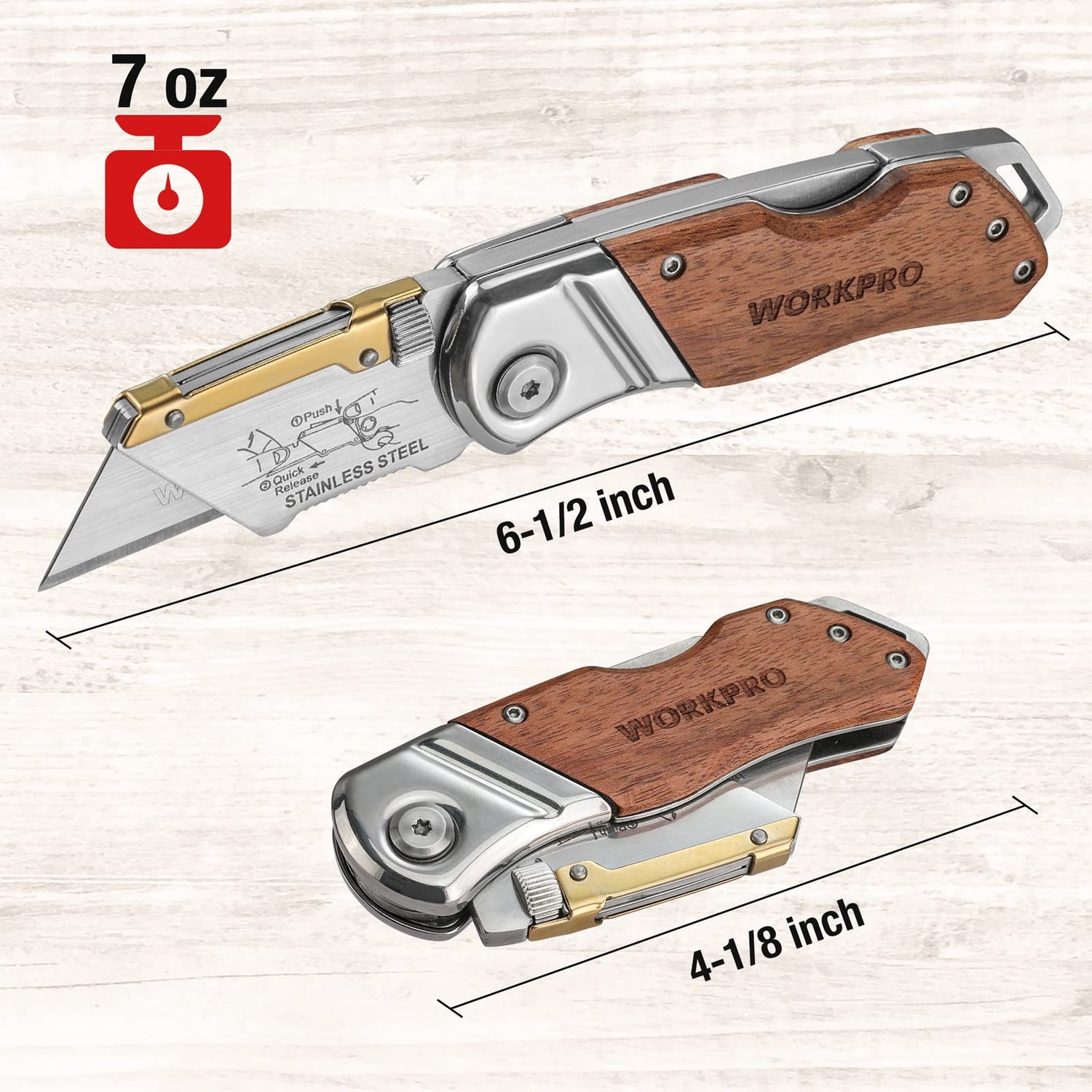 WORKPRO Folding Utility Knife with Belt Clip and Extra 10-piece Blades, Wood Handle Heavy Duty Cutter, Quick-change & Back Lock WORKPRO