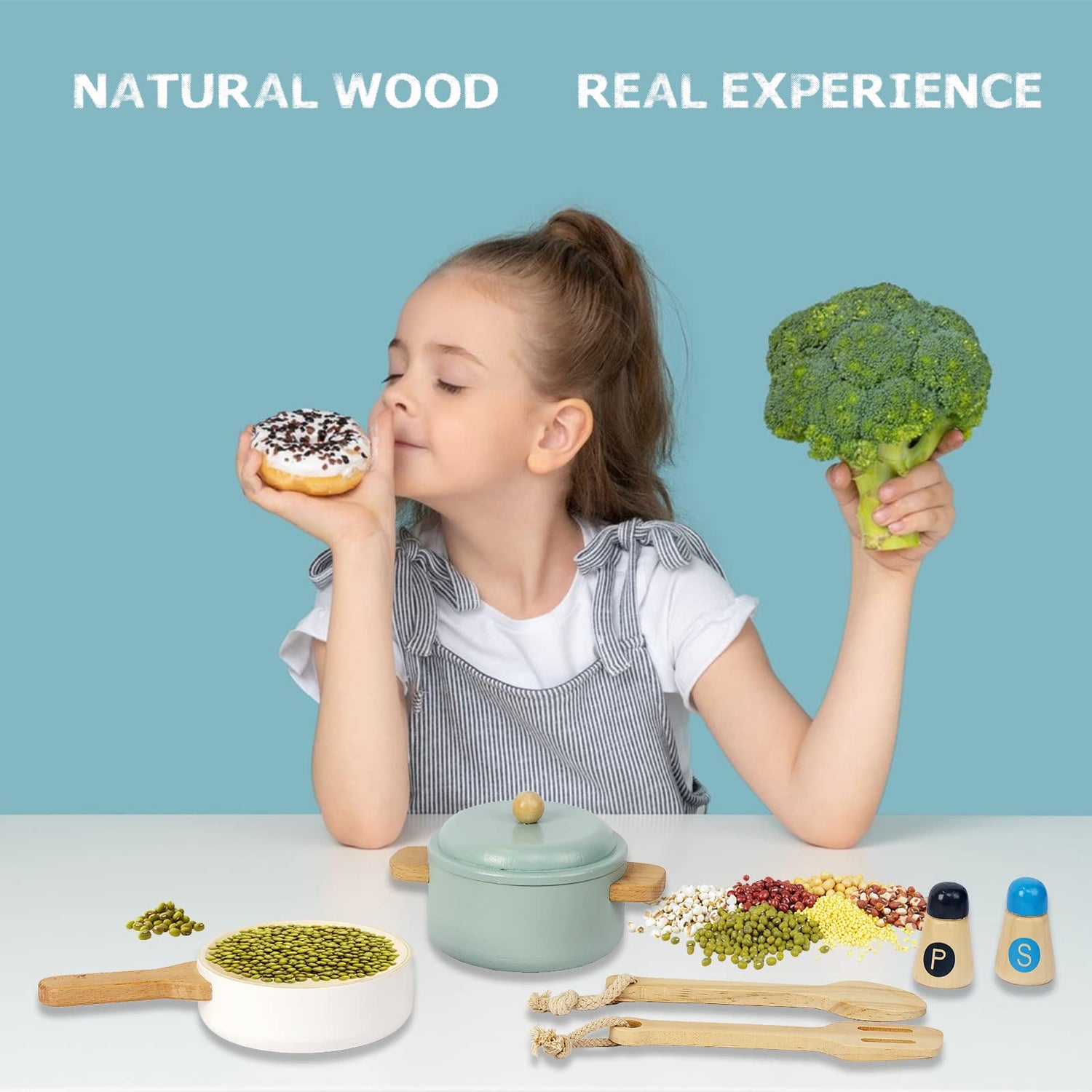 WoodenEdu Premium Toddler Play Kitchen Toys, Wooden Kitchen Utensils, Accessories for Pretend Play Kitchen Set, Montessori Learning Toy, Pretend WoodenEdu