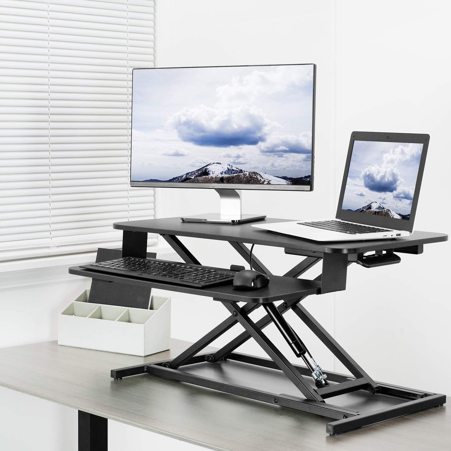 VIVO Height Adjustable 32 inch Stand Up Desk Converter, Quick Sit to Stand Tabletop Dual Monitor Riser Workstation, Black, DESK-V000S VIVO