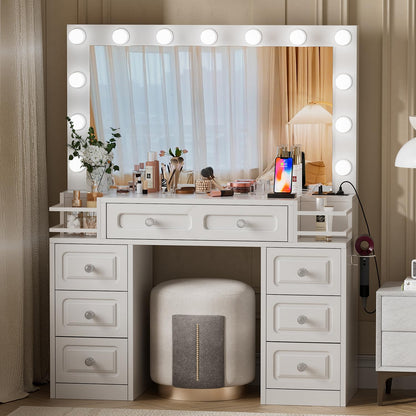 FURNJOYLIFE Farmhouse Makeup Vanity Desk with Lighted Mirror & Power Outlet, Vanity Dresser Table with 3 Lighting Modes Brightness Adjustable,7