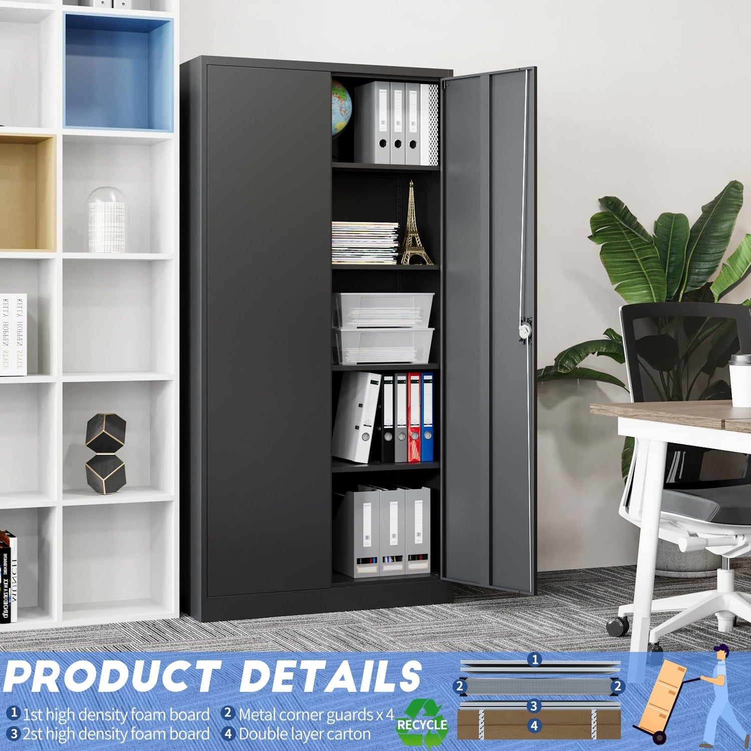 Yizosh Metal Garage Storage Cabinet with Lock, 71" Locking Tool Cabinet with 2 Doors and 5 Shelves, Tall Steel Cabinet for Garage, Heavy Duty File Yizosh