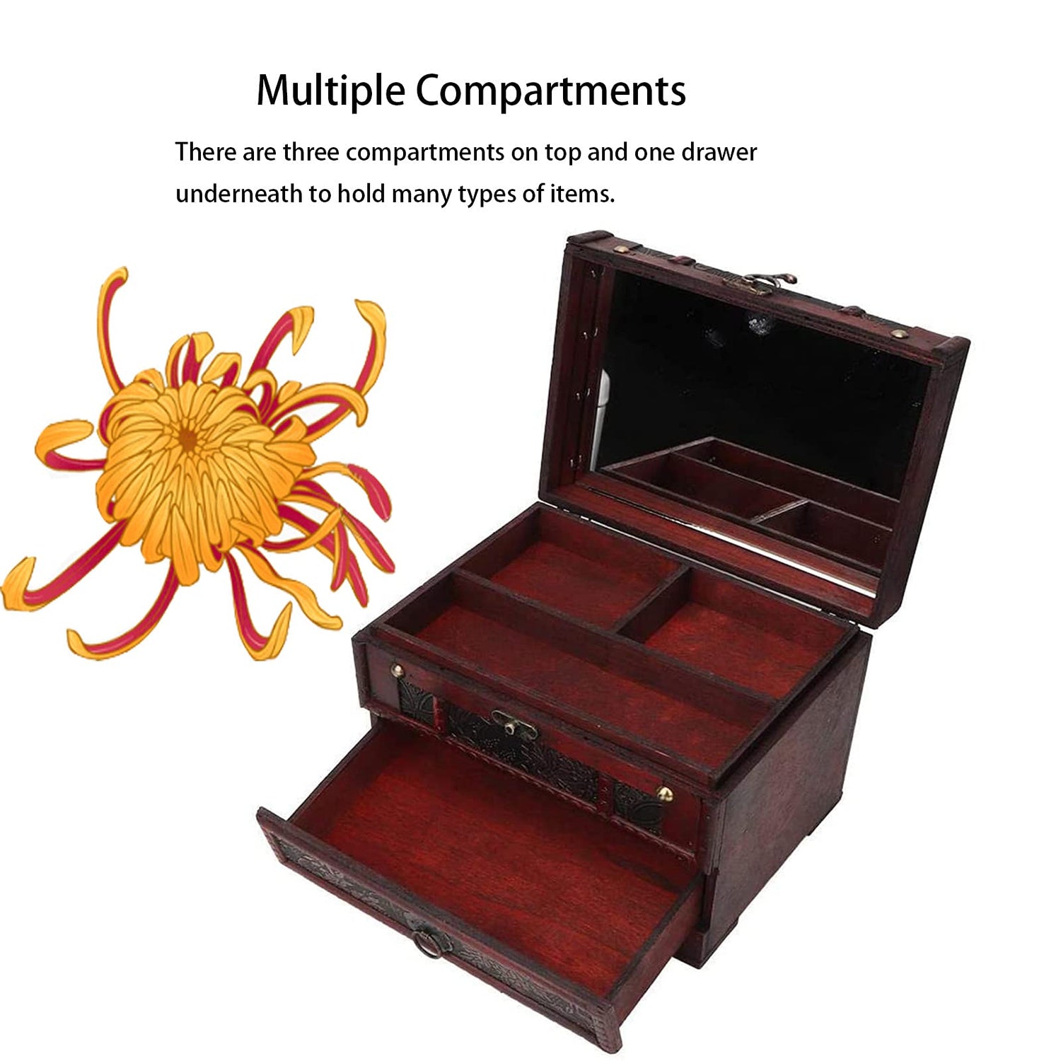 Wooden Jewelry Box with Mirror, Classical Wood Jewlery Box Jewelery Storage Box Case Holder Jewellery Chest Organizer with Drawer Mom Gifts Mothers Brokimis