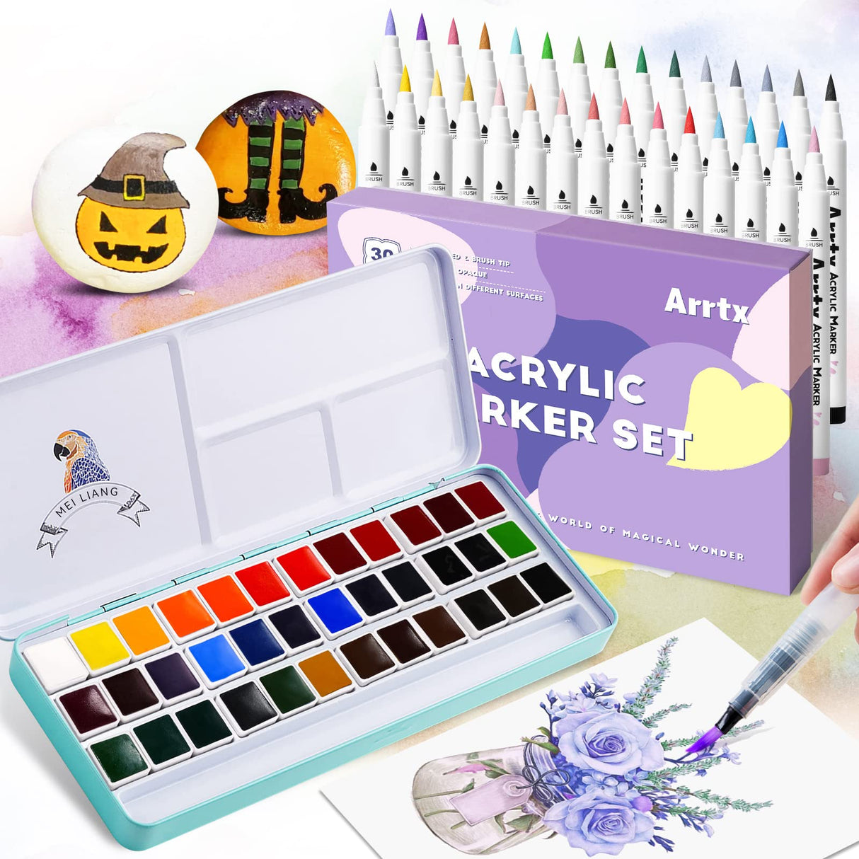 Bundle of MeiLiang Watercolor Paint Set, 36 Vivid Colors in Pocket Box with Arrtx 30 Colors Acrylic Paint Pens for Rock Painting LIGHTWISH