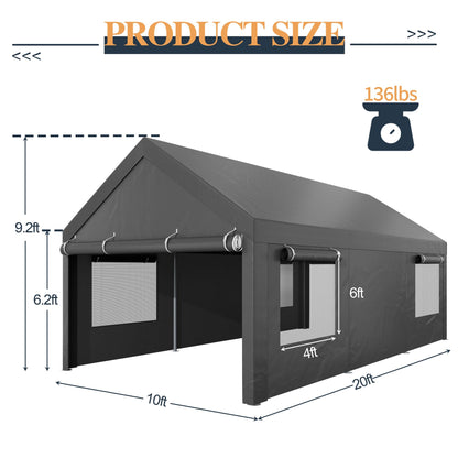 Shintenchi 10x20ft Heavy Duty Carport, Portable Garage with Removable Sidewalls, Doors and Ventilated Windows, All-Season Tarp, UV Resistant - WoodArtSupply