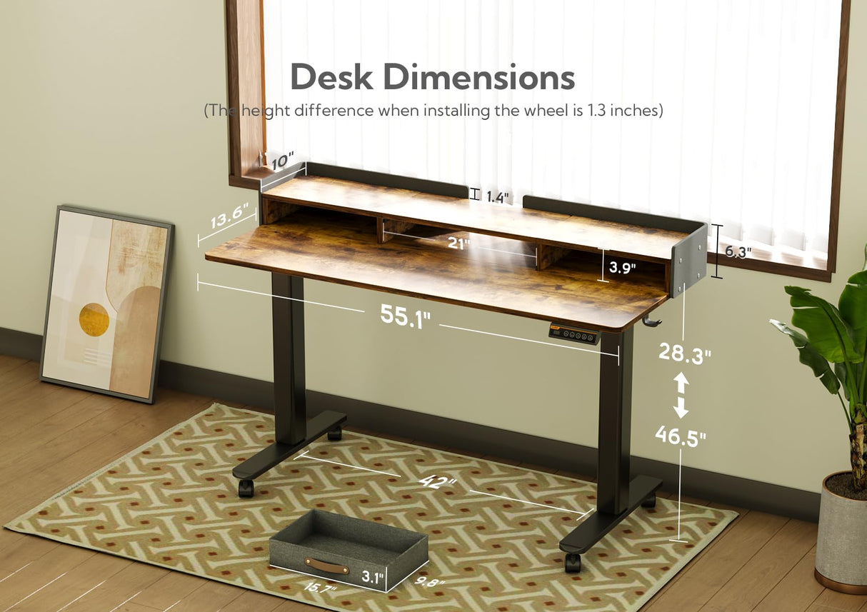 Claiks Standing Desk with Drawers, Stand Up Electric Standing Desk Adjustable Height, Sit Stand Desk with Storage Shelf and Splice Board, 55 Inch, Claiks