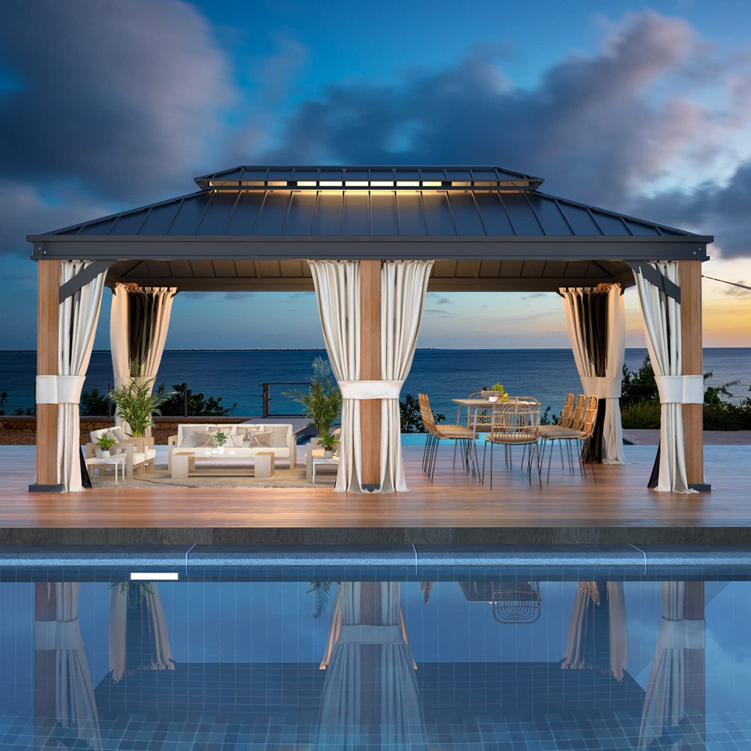 YOLENY 12' x 20' Ultra-thick Columns and Beams Hardtop Gazebo with Faux Wood Grain Aluminum Frame, Vertical Stripe Galvanized Steel Double Roof, YOLENY