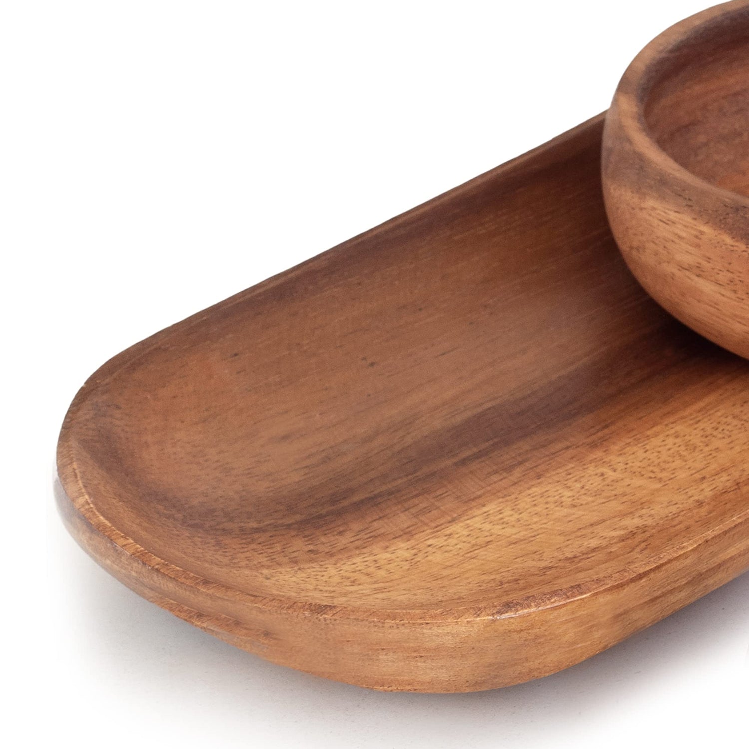cintika Hand-Carved Set of 4 Acacia Calabash Bowls with Baguette Tray. Durable Wooden Bowl Set. Snack, nut, dip bowl. - Wooden Dinnerware set. 4" cintika