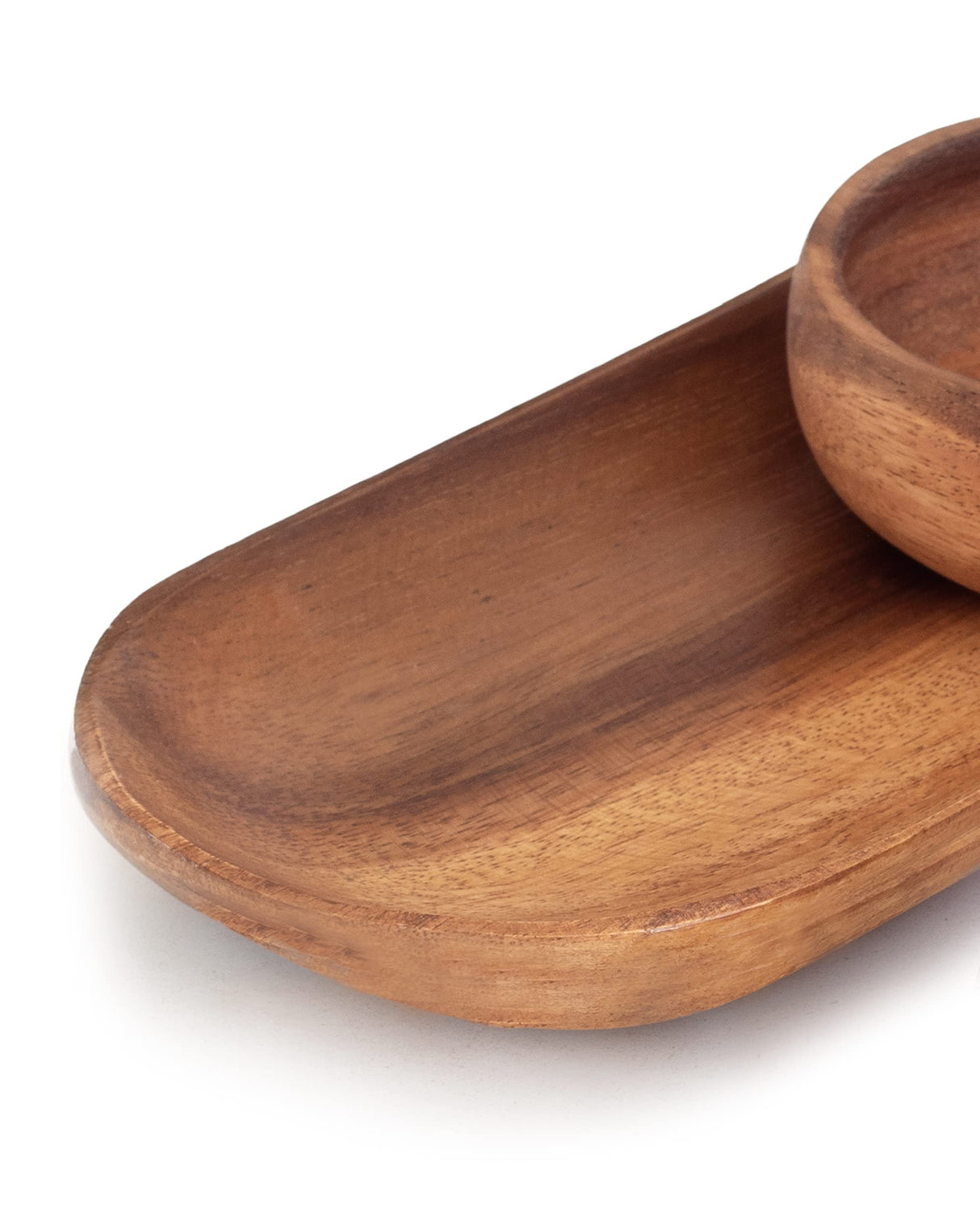 cintika Hand-Carved Set of 4 Acacia Calabash Bowls with Baguette Tray. Durable Wooden Bowl Set. Snack, nut, dip bowl. - Wooden Dinnerware set. 4" cintika