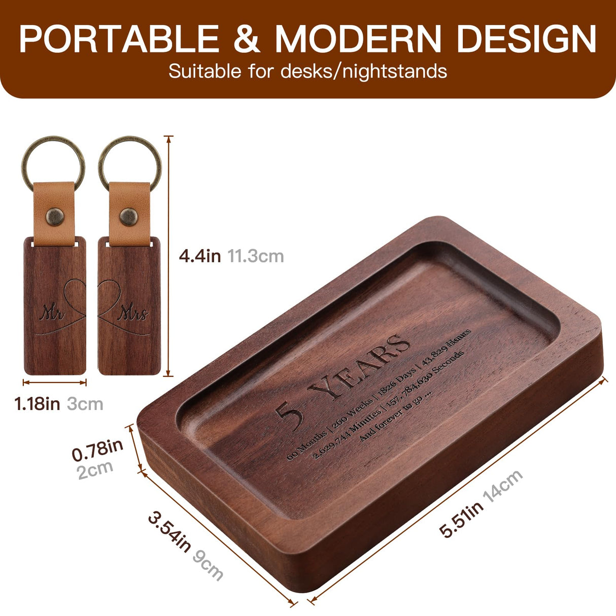 MISTOD Wood Ring Dish & Keychain- Engraved Rectangle Ring Tray Small Jewelry Dish, 5th Marriage Anniv Gifts Set | 5 Year Wedding Anniv Valentine's MISTOD