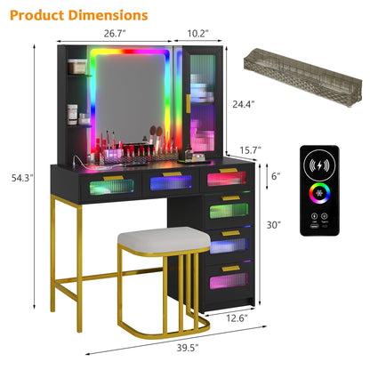 SKKTKT RGB LED Vanity Desk with Mirror and Lights, 39.5" Black Makeup Vanity Table with Auto Sensor Flow Dazzling Lights and Wireless/USB/Type C - WoodArtSupply