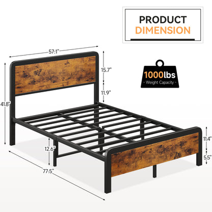 GAOMON 14 Inch Platform Bed Frame with Rustic Vintage Wooden Headboard and Footboard, No Box Spring Needed,Mattress Foundation,Strong Metal Slats